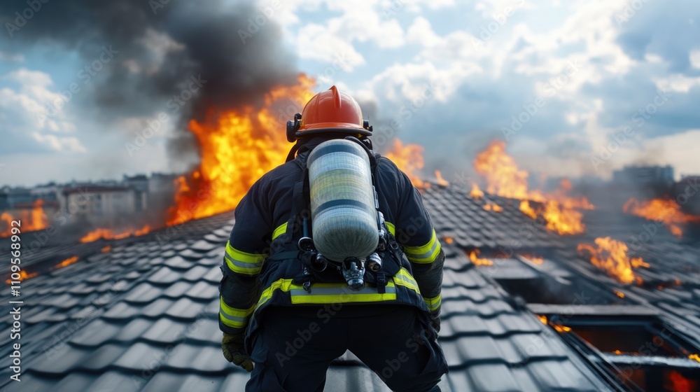 Obraz premium Close-up of firefighter adjusting protective mask for safety