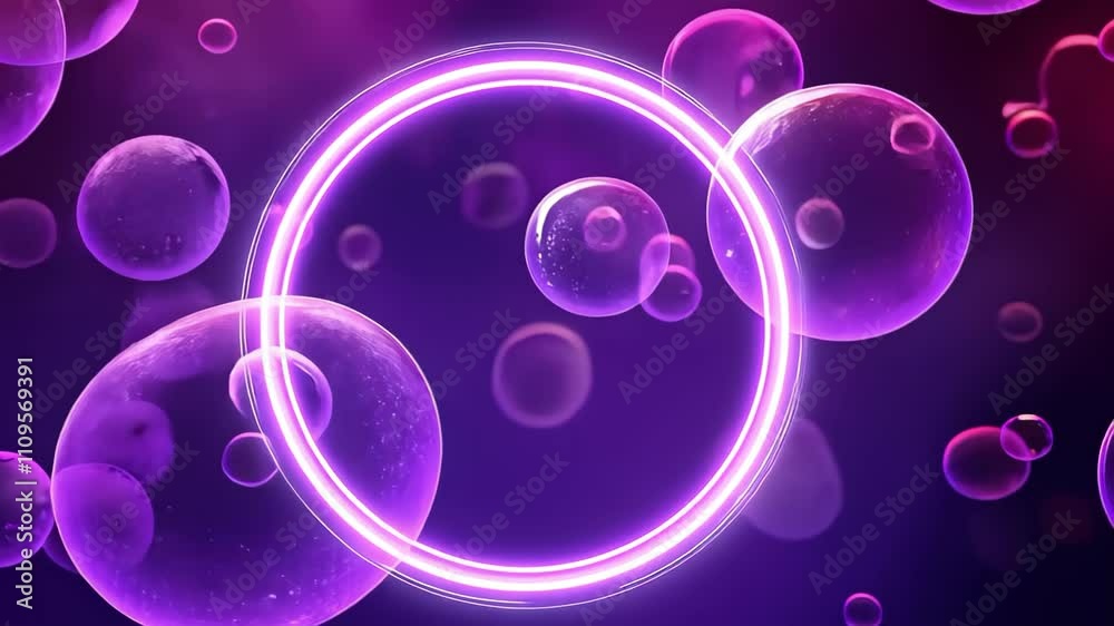 A dark background filled with bubbles and a glowing purple circular frame in the center.