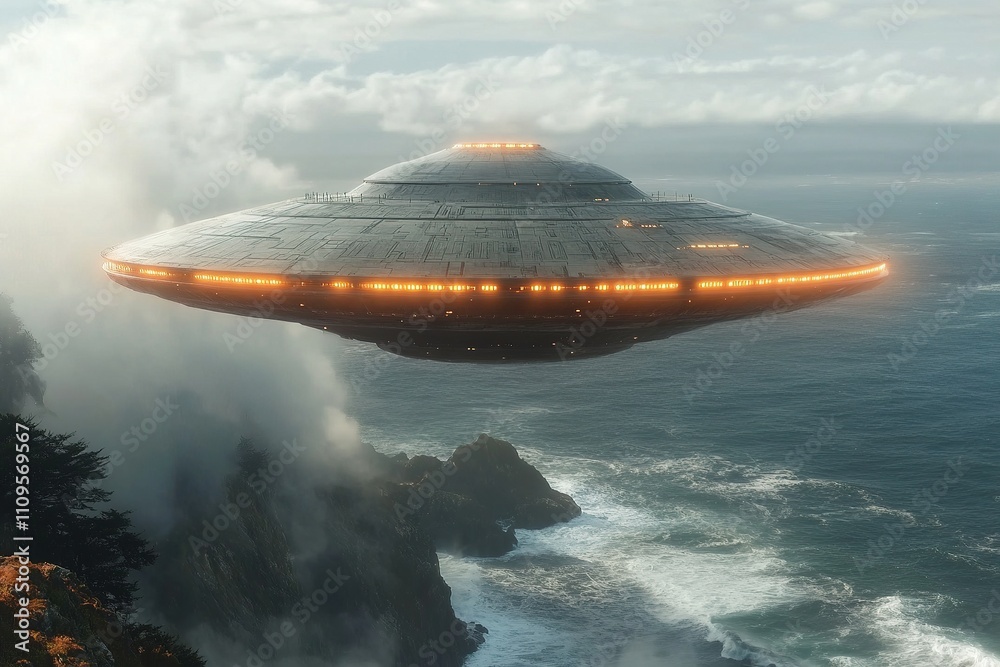 UFOs hovering over misty cliffs near the ocean.