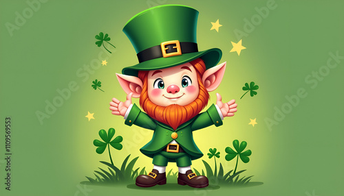 Cheerful leprechaun in a green suit and top hat standing among shamrocks