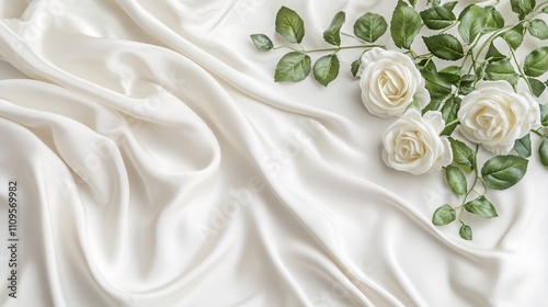 White plastic product photography, background silk clothing, A silky and smooth feeling, the product is lying on clothing, with a few green leaves and roses surrounding it on the right side of the pic