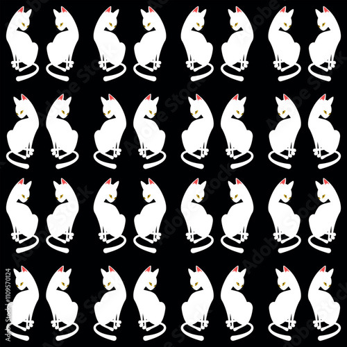 white cats silhouette - pattern design - black background