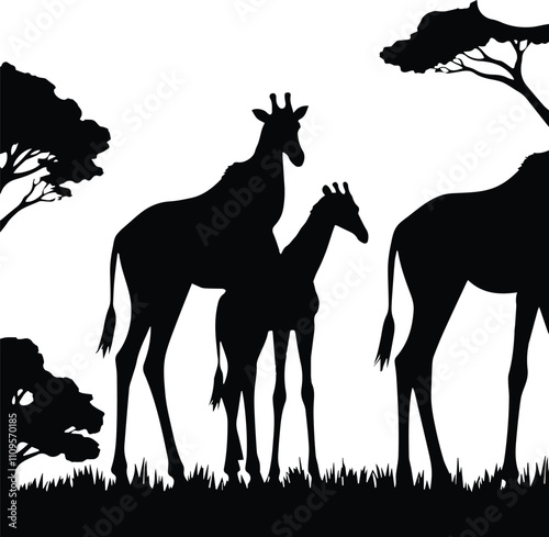 Canvas Print Giraffe, giraffe silhouette, animal vector illustration - Animal silhouette on the savannah