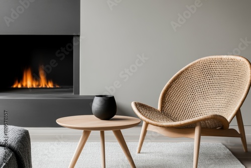 furniture arrangement, a sleek round coffee table complements a wicker chair and modern sofa in a nordic living room with flickering fireplaces