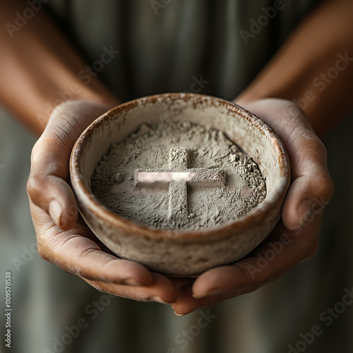 Bol de cendres avec croix dans des mains bienveillantes photo