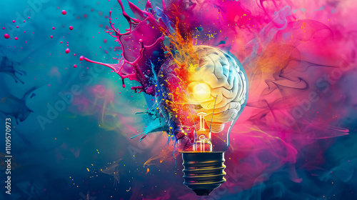 A liquid color design background with a human brain emerging from a light bulb, representing a colorful brainstorm and inspire concept.