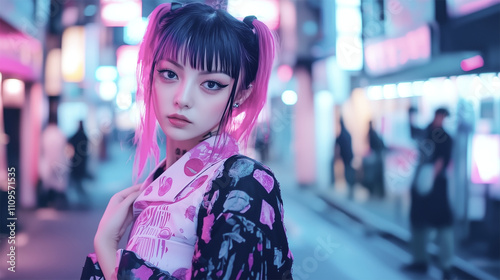 Ethereal Japanese Woman in Neon-Lit Tokyo Streets, 2020s Modern Fashion 