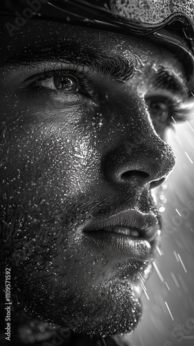 Black and white close-up portrait of a man with water droplets on his face, wearing a cap and looking upward with determination, evoking a dramatic and focused mood.