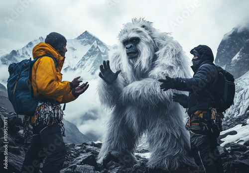 A fictional encounter between mountaineers and a yeti creature in the Himalayan mountains. The yeti is a friendly creature photo