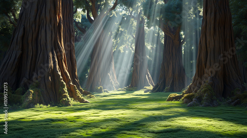 A magical forest scene with towering ancient trees, soft green moss covering the forest floor, and shafts of sunlight streaming through the dense canopy, creating a mystical atmosphere. photo