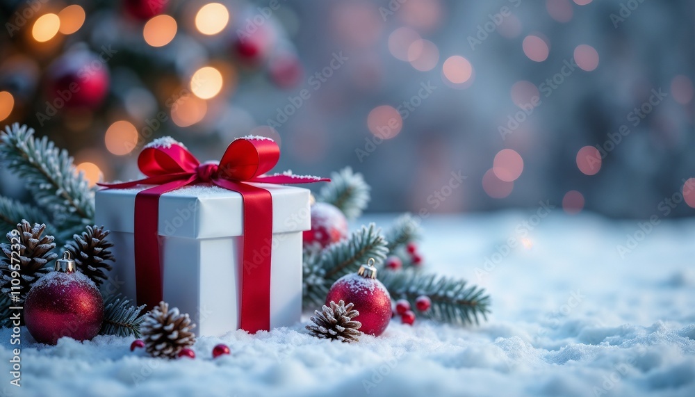 A beautifully wrapped gift box with a red ribbon sits amidst snow, surrounded by festive decorations and twinkling lights, capturing the essence of a magical Christmas celebration.
A beautifully wrapped gift box with a red ribbon sits amidst snow, surrounded by festive decorations and twinkling lights, capturing the essence of a magical Christmas celebration.