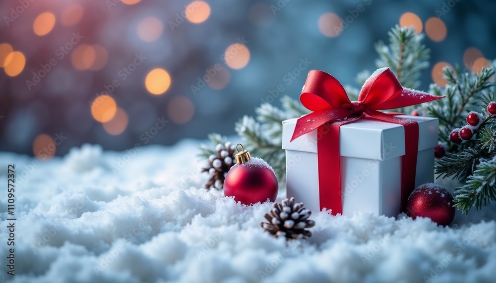 A beautifully wrapped gift box with a red ribbon sits amidst snow, surrounded by festive decorations and twinkling lights, capturing the essence of a magical Christmas celebration.
A beautifully wrapped gift box with a red ribbon sits amidst snow, surrounded by festive decorations and twinkling lights, capturing the essence of a magical Christmas celebration.