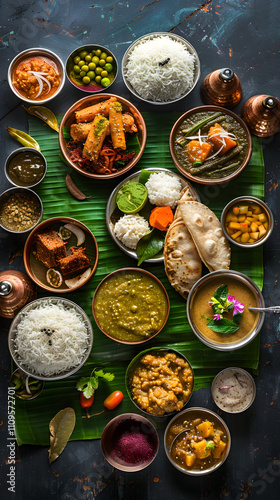 A colorful array of traditional Udupi food on Banana Leaf with South Indian Copper Cookware