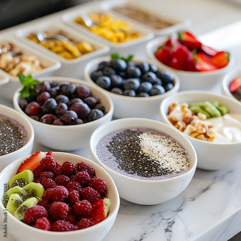 A healthy meal catering buffet featuring acai bowls and chia pudding on a minimalist table. A healthy meal catering buffet featuring acai bowls and chia pudding on a minimalist table.