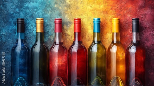 Colorful wine bottles against vibrant textured background for modern beverage display