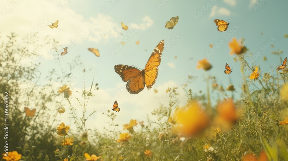 Monarch butterflies flying over yellow flowers.