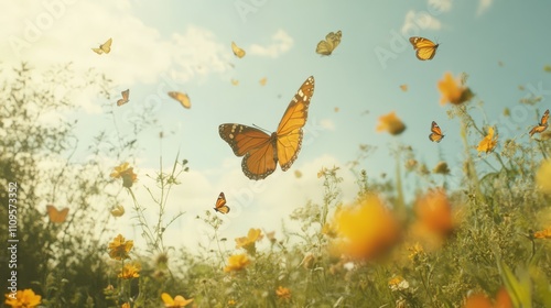 Obraz na płótnie Monarch butterflies flying over yellow flowers. w salonie