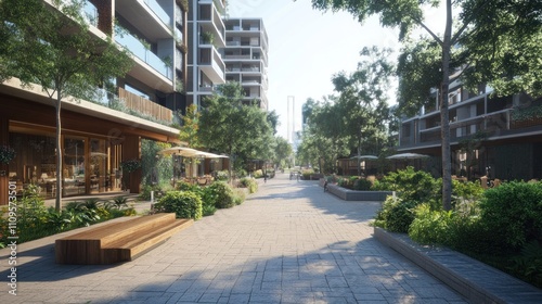 Modern city street with shops, trees, and pedestrians.