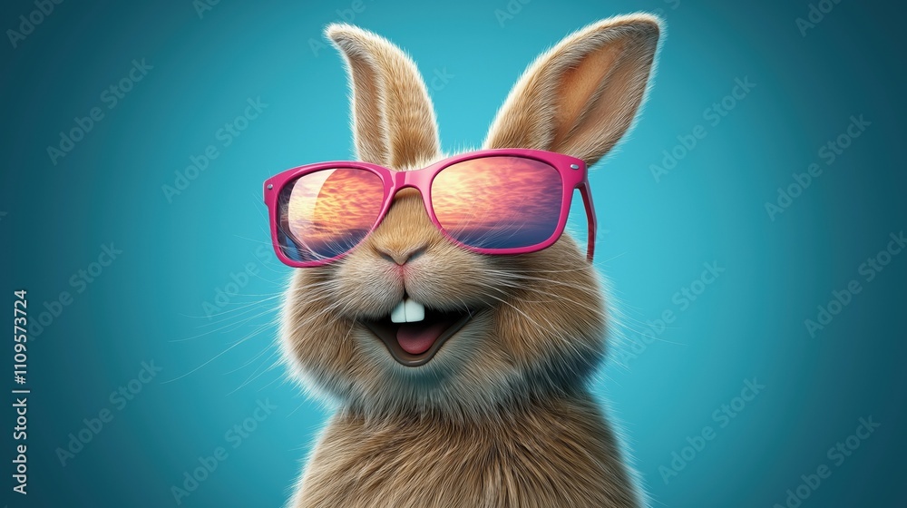 Cool bunny wearing sunglasses with sunset reflection on a vibrant blue background Cool bunny wearing sunglasses with sunset reflection on a vibrant blue background