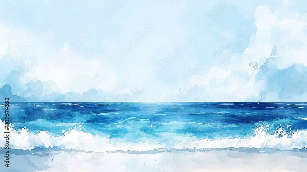 Serene Watercolor Seascape Ocean Waves and Sky Serene Watercolor Seascape Ocean Waves and Sky