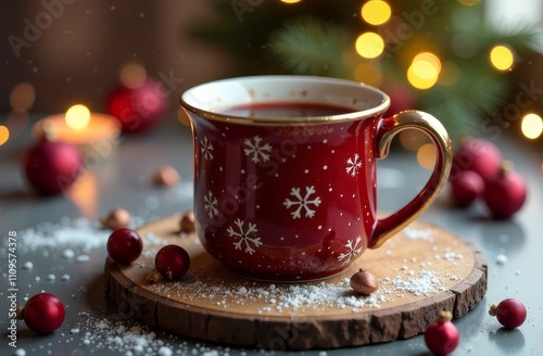 Festive red mug with hot cocoa surrounded by christmas decorations and soft lighting