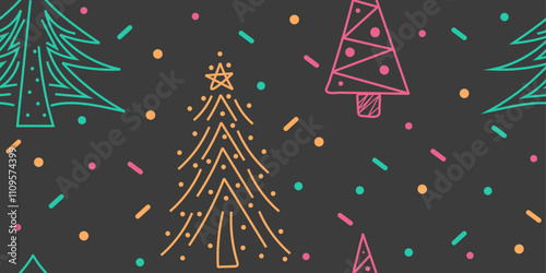 Seamless winter pattern: christmas trees, colorful sprinkles, dots. Doodle vector hand drawn illustration in blue, yellow, pink, grey colours for cards, banners, wallpaper, textile, wrapping	