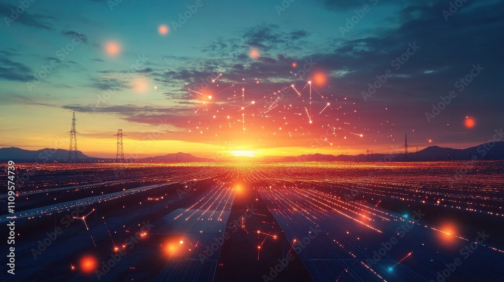 Fototapeta premium Solar Farm at Sunset with Glowing Digital Elements