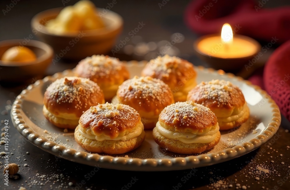 Delicious cream-filled pastries on a plate with candlelight ambiance
