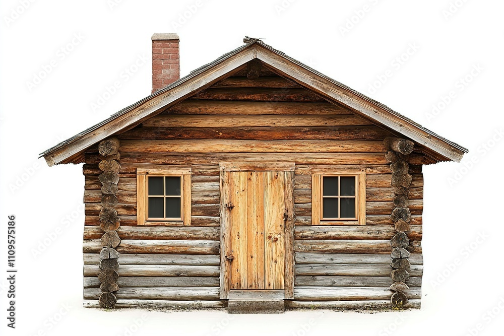 Small wooden cabin with porch on white background.