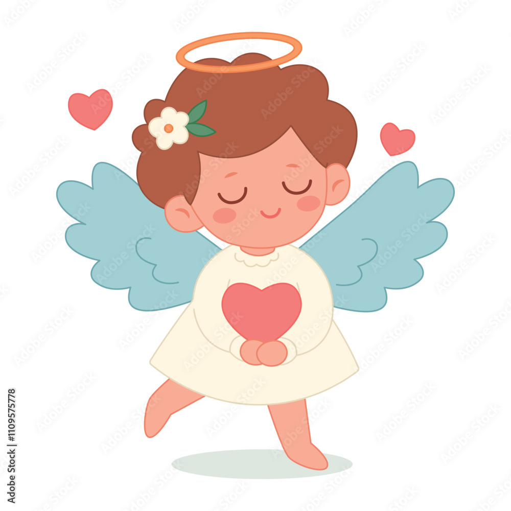 Obraz premium Cute angel girl with blue wings in a white dress with brown hair takes heart in hands isolated on a white background