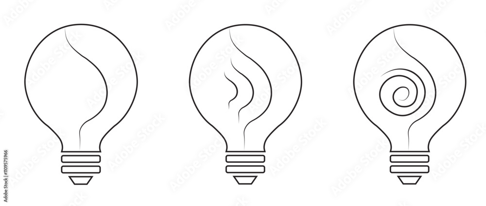 Vector illustration of three distinct light bulb designs isolated on transparent background for visual creativity and inspiration. Black light bulb outline on a transparent background.