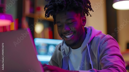 Young Man Enjoying Remote Work on Laptop