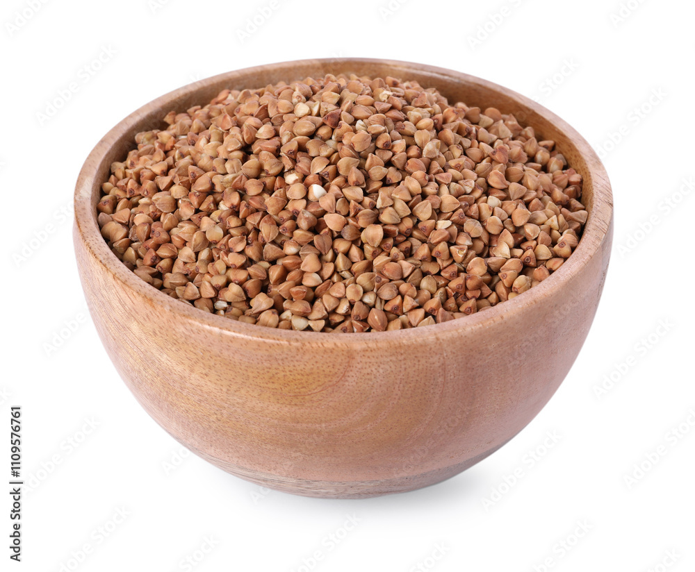 Raw buckwheat in bowl isolated on white Raw buckwheat in bowl isolated on white