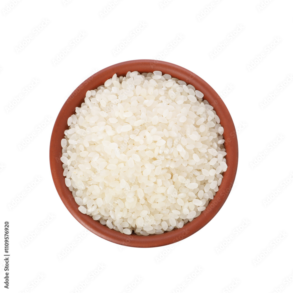 Raw rice in bowl isolated on white, top view Raw rice in bowl isolated on white, top view
