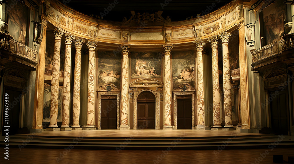 Obraz premium A majestic royal hall with golden pillars and intricate carvings, emanating opulence and grandeur, perfect for ceremonial events.