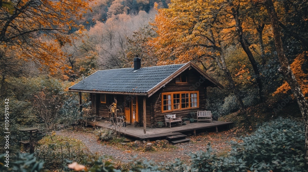 Cozy rustic cabin in autumn woods, vibrant leaves create a warm atmosphere, inviting retreat in nature, serene escape from daily life, perfect backdrop for relaxation. Cozy rustic cabin in autumn woods, vibrant leaves create a warm atmosphere, inviting retreat in nature, serene escape from daily life, perfect backdrop for relaxation.