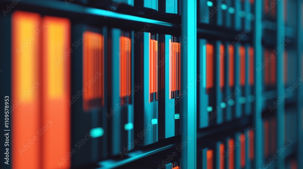 A close-up view of a modern data storage system, featuring illuminated shelves with vibrant orange and blue colors. A close-up view of a modern data storage system, featuring illuminated shelves with vibrant orange and blue colors.