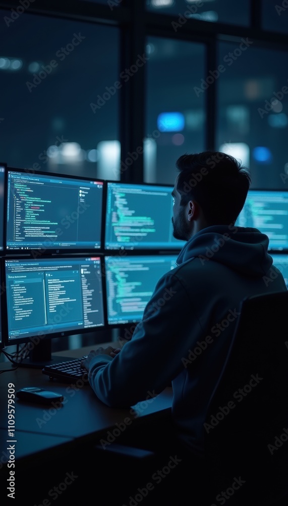 A focused programmer works late at night in a dimly lit room, analyzing code on multiple screens. Perfect for tech, coding, or IT-related themes. A focused programmer works late at night in a dimly lit room, analyzing code on multiple screens. Perfect for tech, coding, or IT-related themes.