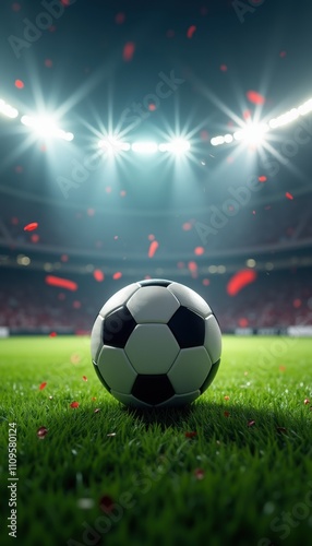 Description: A close-up of a soccer ball on a vibrant field under stadium lights, capturing the thrill of the game and the excitement of sports events.