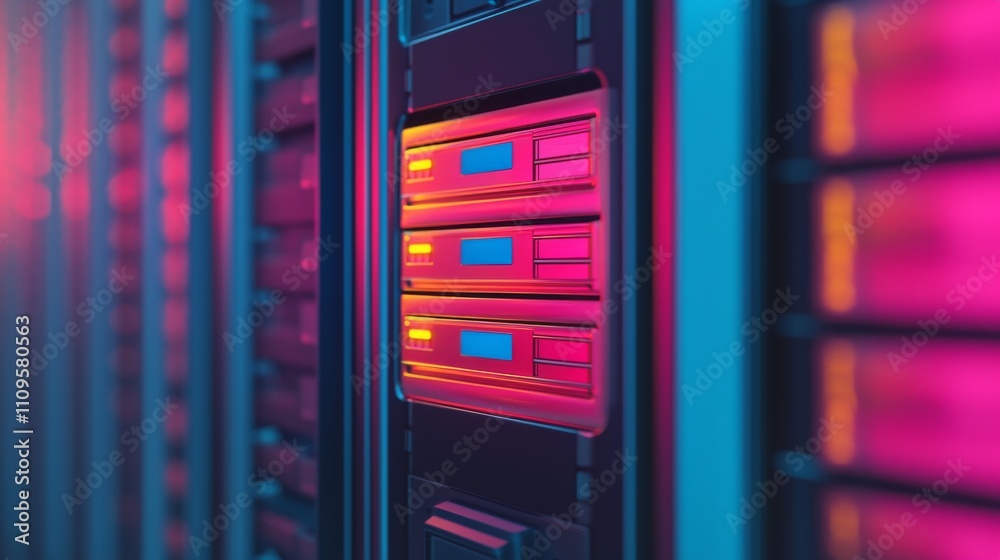 A close-up view of a colorful server rack, showcasing illuminated storage units in vibrant shades of blue, pink, and orange. A close-up view of a colorful server rack, showcasing illuminated storage units in vibrant shades of blue, pink, and orange.