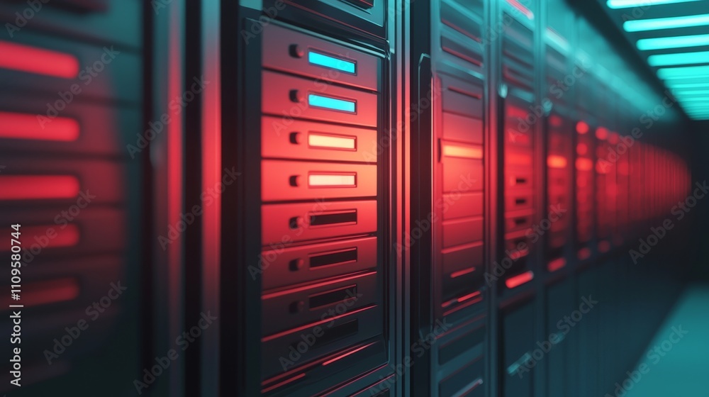 A close-up view of illuminated server racks in a data center, showcasing a vibrant mix of red and blue lights against a sleek, modern backdrop. A close-up view of illuminated server racks in a data center, showcasing a vibrant mix of red and blue lights against a sleek, modern backdrop.