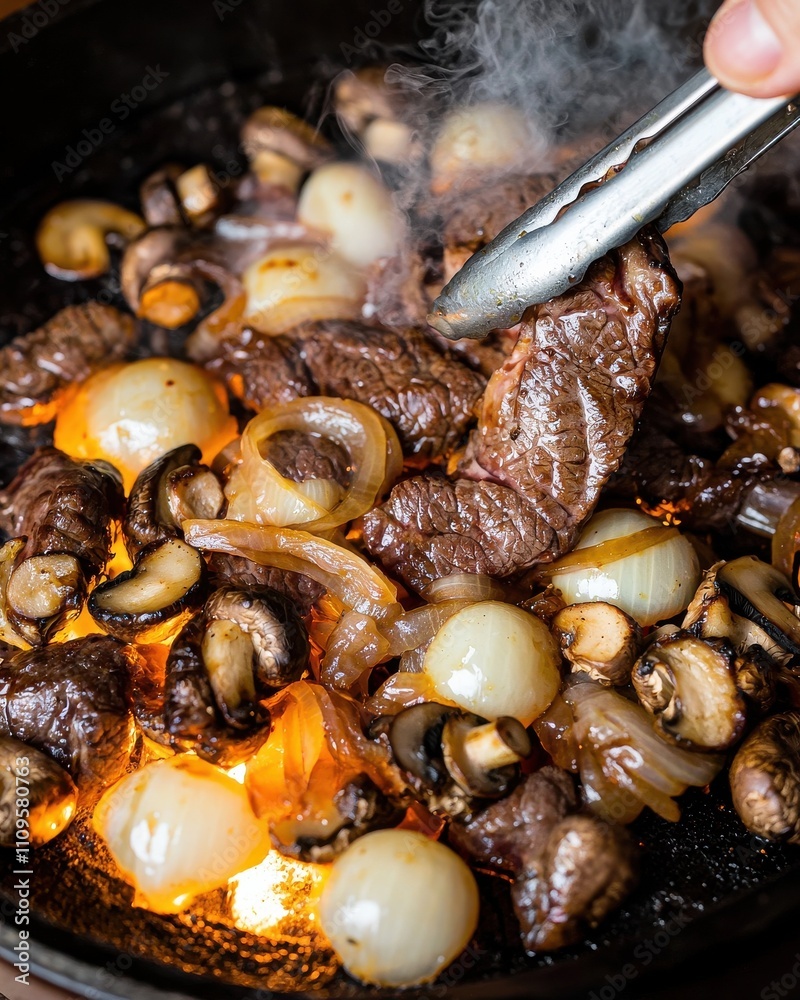 Sizzling beef stir-fry with onions and mushrooms home kitchen food cozy environment close-up view culinary delight Sizzling beef stir-fry with onions and mushrooms home kitchen food cozy environment close-up view culinary delight