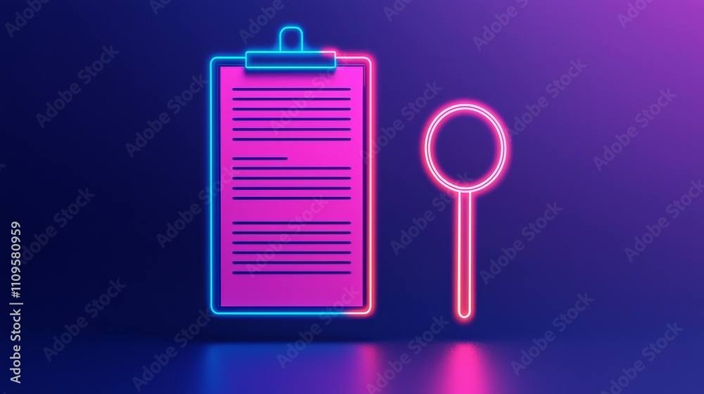 A vibrant neon illustration featuring a clipboard and magnifying glass, symbolizing analysis and attention to detail. A vibrant neon illustration featuring a clipboard and magnifying glass, symbolizing analysis and attention to detail.