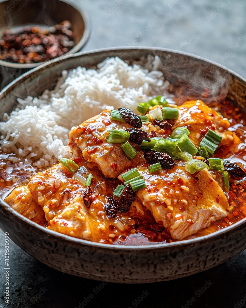 Delicious spicy fish dish asian cuisine food kitchen setting close-up view culinary delight Delicious spicy fish dish asian cuisine food kitchen setting close-up view culinary delight