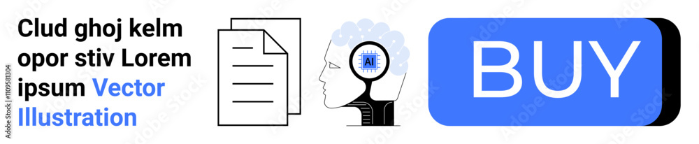 Document, human head with gear, and BUY button in blue. Ideal for technology, e-commerce, online shopping, digital transformation, automation, business strategy. Landing page Document, human head with gear, and BUY button in blue. Ideal for technology, e-commerce, online shopping, digital transformation, automation, business strategy. Landing page