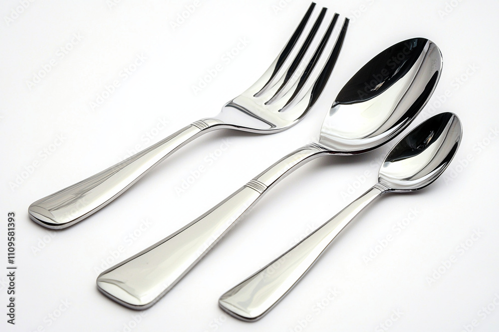 Elegant stainless steel cutlery set displayed on a white background Elegant stainless steel cutlery set displayed on a white background