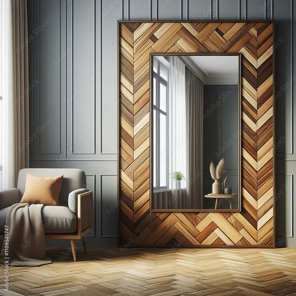 Fototapeta premium Herringbone Wood Mirror Features a frame with a herringbone patt