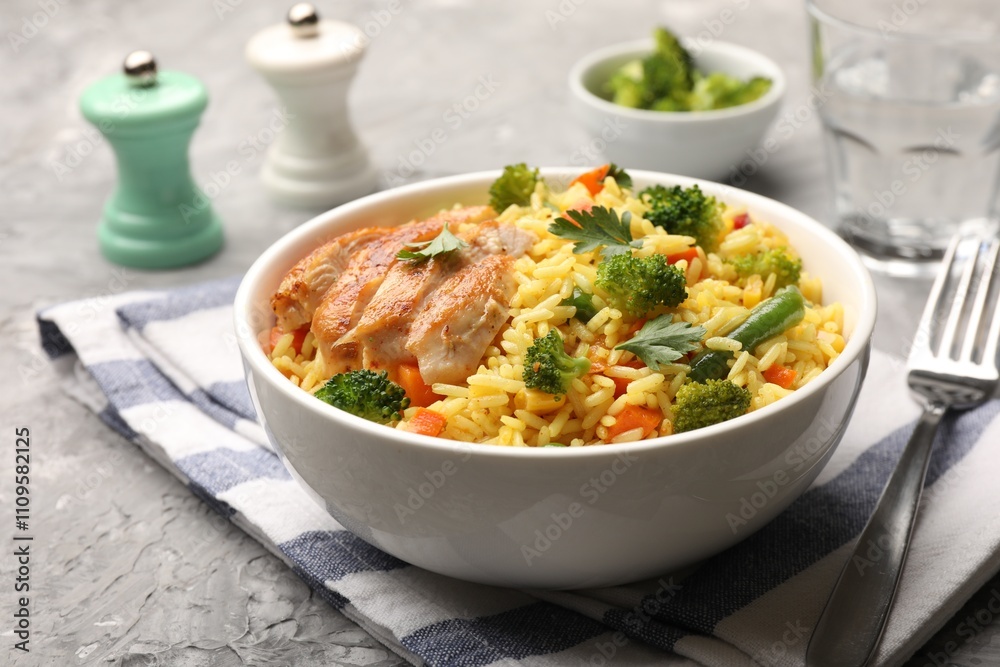 Tasty rice with vegetables and chicken served on grey table, closeup Tasty rice with vegetables and chicken served on grey table, closeup