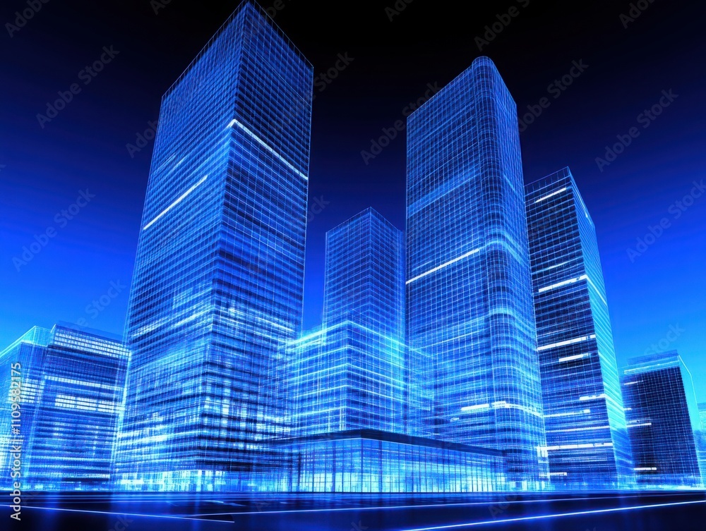 Futuristic Urban Skyline with Blue Illumination Showcasing Tall Glass Towers Against a Dark Night Sky in a Modern Metropolis Setting Futuristic Urban Skyline with Blue Illumination Showcasing Tall Glass Towers Against a Dark Night Sky in a Modern Metropolis Setting