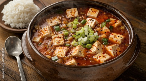 Cooking spicy tofu stew with rice home kitchen food rustic setting close-up culinary delight